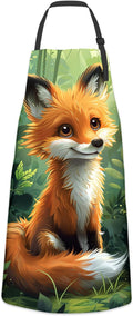 Cute Cartoon Fox Apron for Women Men, Cooking BBQ Chef Polyester Lightweight Lush Forest Background Aprons with Pockets for Baking Kitchen Gardening Cleaning, Adjustable Neck Strap, 28×33inch