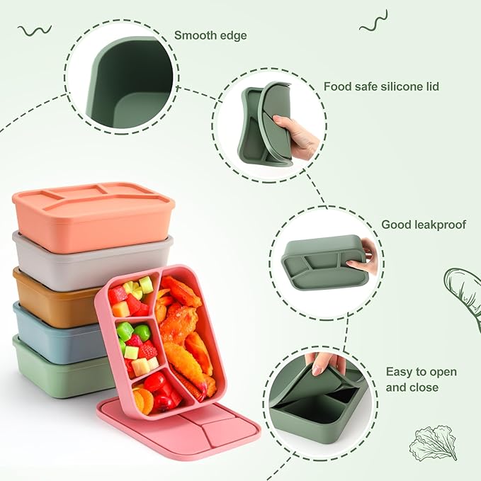 Honeydak 4 Pcs Silicone Bento Box Reusable Lunch Container 4 Compartment Snack Boxes with Lid Smooth LeakProof Rectangle Food Boxes for Adult Work Travel Food Storage (Cute Color)