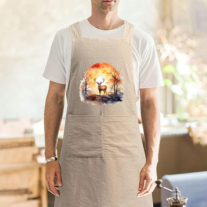Cotton Linen Apron Non-tie Cross Back Kitchen Apron with Pockets Soft Comfortable Durable for Cooking Baking Gardening (Khaki,Deer)