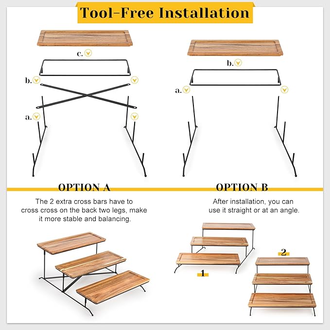 ZONEYILA 3 Tier Serving Stand with Wooden Serving Platter, 14 Inch Tier Serving Trays with Collapsible Sturdier Rack, Rectangle Cupcake Stand for Party