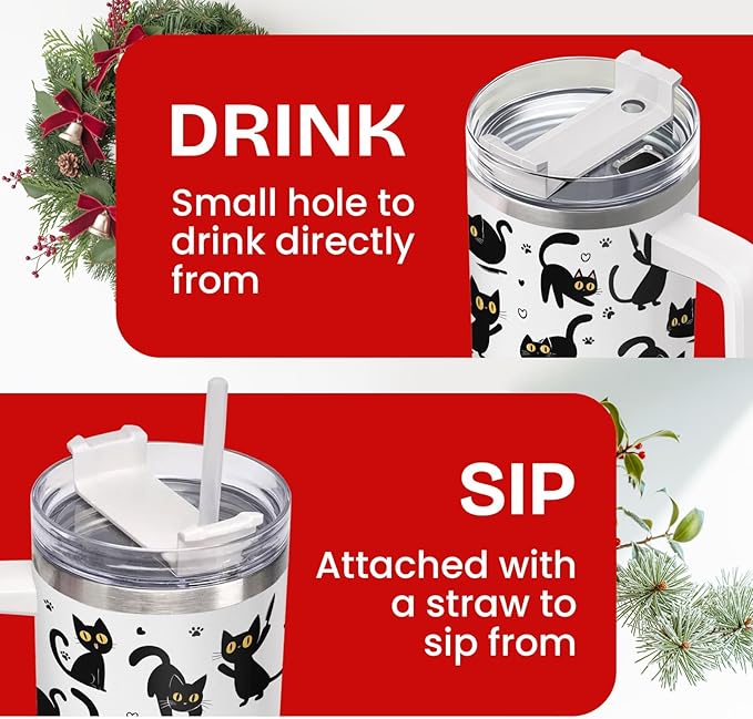34HD Black Cat Coffee Tumbler with Handle and Straw, 40oz Stainless Steel Insulated Kitty Mug with Lid, Cute Pet Gifts for Women Men on Birthday Mothers Day Halloween Christmas