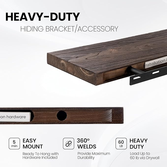 Fun Memories Floating Shelves for Wall Set of 2, Rustic Solid Elm Wood Live Edge Wall Shelves 32 Inch - Invisible Bracket Mount for Living Room, Bathroom, Bedroom, Kitchen, Walnut