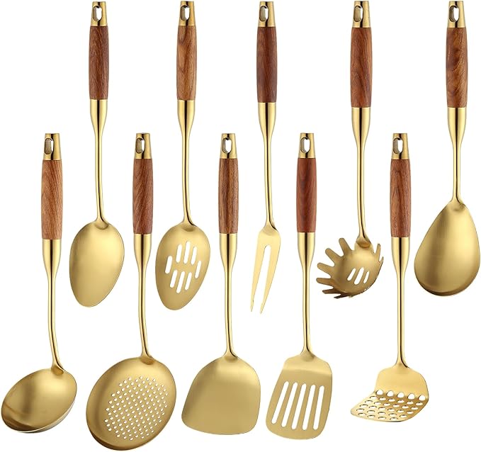 Stainless Steel Kitchen Utensils Set with Wood Handle 18/10 Metal Cooking Utensils Set, 10 Piece - Spatula, Spoon, Ladle, Skimmer, Slotted Turners, Pasta,Turner, Ladl, Fork