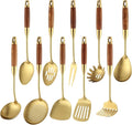 Stainless Steel Kitchen Utensils Set with Wood Handle 18/10 Metal Cooking Utensils Set, 10 Piece - Spatula, Spoon, Ladle, Skimmer, Slotted Turners, Pasta,Turner, Ladl, Fork
