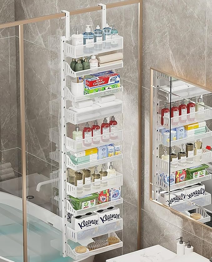 Aupekro 10-Tier Over the Door Pantry Organizer Rack, Pantry Door Organizer Shelves, Adjustable Hanging Spice Rack Seasoning Shelves, Large Capacity Door Storage Shelf for Kitchen, Bathroom (White)