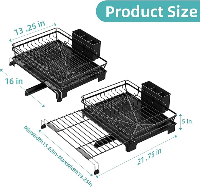 Simple Trending Dish Rack, Extendable Sink Dish Drying Rack for Kitchen Counter, Large Anti-Rust Dish Drainer with Utensil Holder, Black