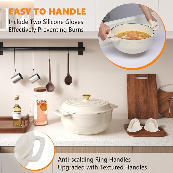 ROVSUN Enameled Cast Iron Round Dutch Oven, 6QT Pot with Lid &Dual Handles with Silicone Gloves,Oven Safe up to 500°F, Heavy-Duty Pre-Seasoned Cookware for Bread Baking, Braising, Stews, Roasting, Cream White