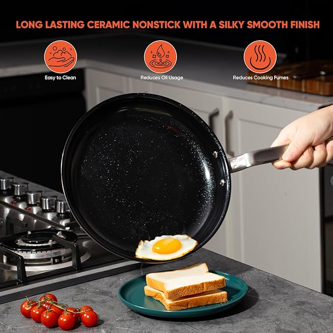12 Inch Ceramic Non Stick Frying Pans - 5 Ply Stainless Clad Nonstick Skillet, Toxic, PTFE & PFOA FREE, Professional Cookware for Induction, All Stoves and Oven up to 650°F