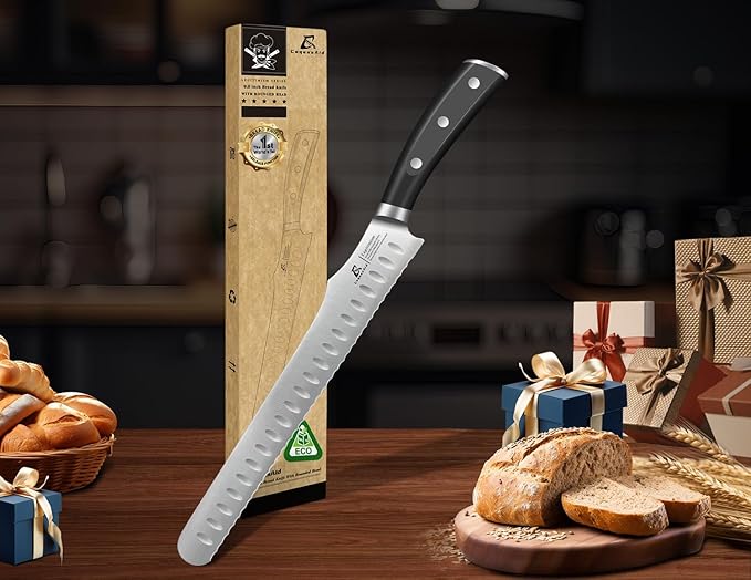 9 Inch Re-Sharpenable Bread Knife for Homemade Bread, Multifunction Serrated Knife, Razor Sharp Slicer, Forged High Carbon German Steel, Full Tang Ergonomic Handle Design for Sourdough Turkey Fruit