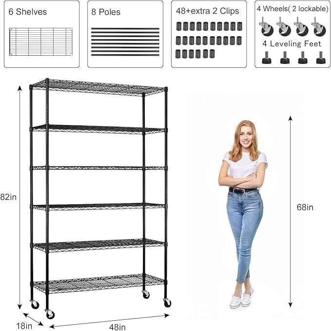 6-Tier Storage Shelves 48" x 18" x 82" Heavy Duty Metal Shelving Unit 2100Lb Capacity Adjustable Storage Racks with Wheels NSF Garage Wire Shelf for Basement Commercial, Black