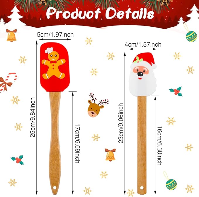 Patelai 6 Pcs Christmas Silicone Spatulas, Christmas Kitchen Utensils Holiday Baking Supplies, Xmas Cake Spatulas with Wooden Handle, Cute Pan Scraper Xmas Dish Scraper Cooking for Kitchen Mixing