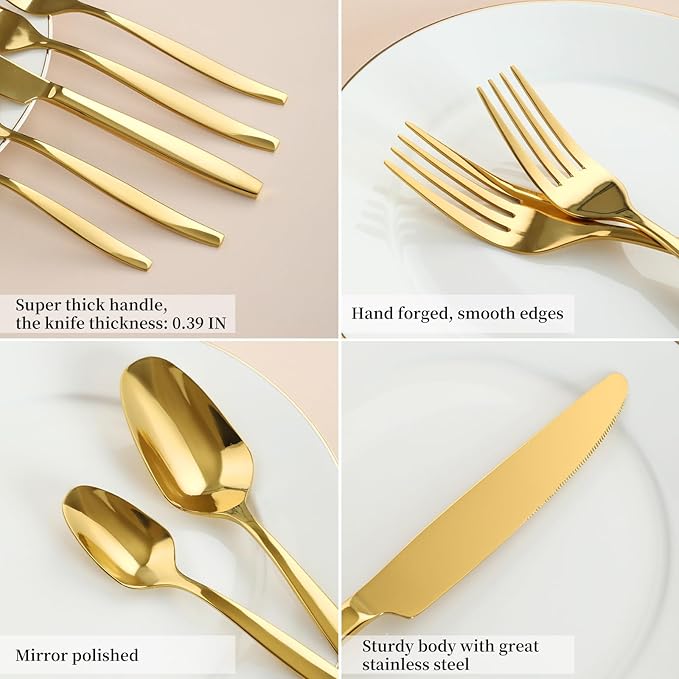 Gold 60-Piece Silverware Set,Stainless Steel Flatware Utensils Cutlery Set for 12,Including Steak Knife Fork and Spoon,Dishwasher Safe,Modern Tableware for Home & Dining