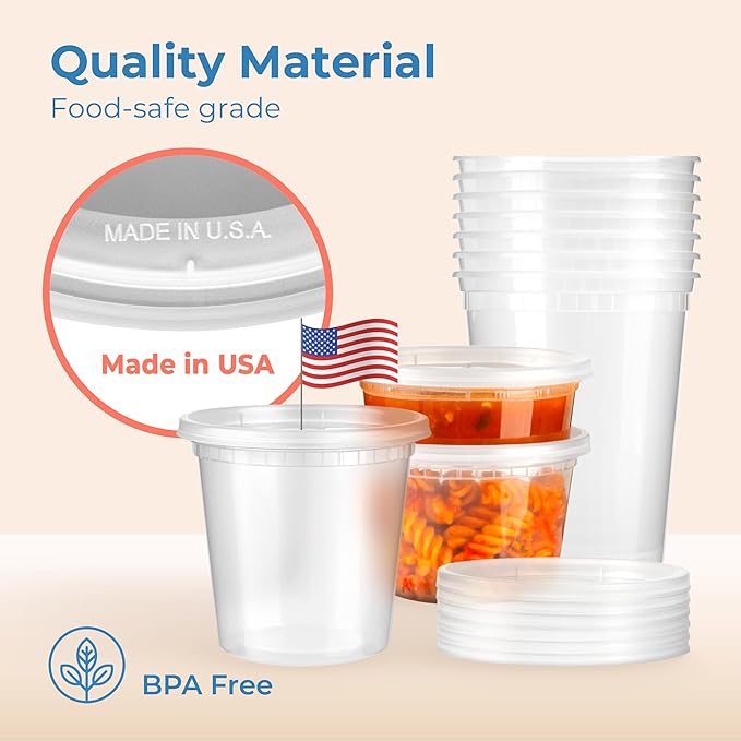 Fit Meal Prep 24 Pack 32 oz Deli Containers with Lids Variety Pack, US Made Leakproof Assorted Plastic Soup Containers, Combo Clear Food Storage Containers with Lids, Microwave Freezer Safe