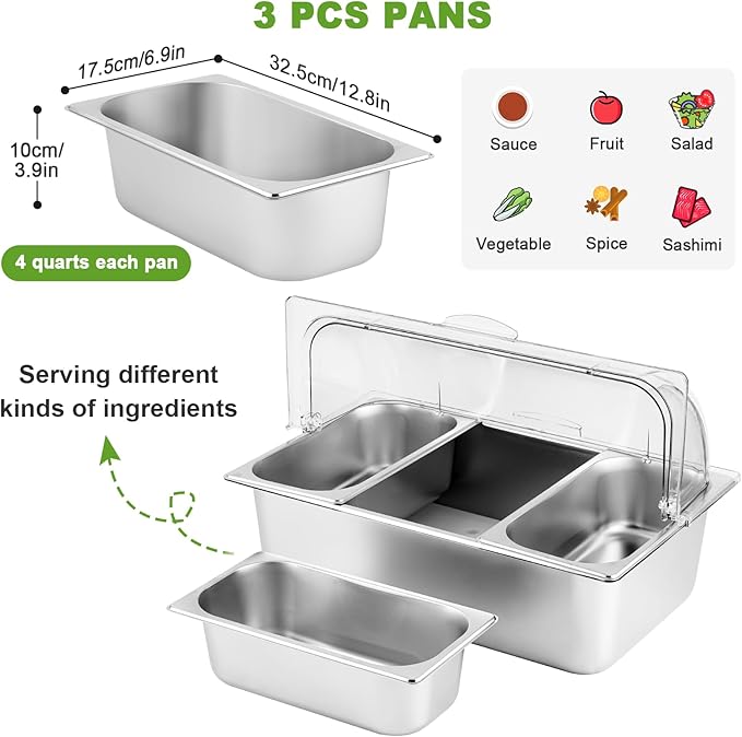 Cold Food Buffet Server 3 Pans×4QT with Ice Packs for Salad Pizza Sauce Colded Serving Trays Condiments Containers for Parties Buffet