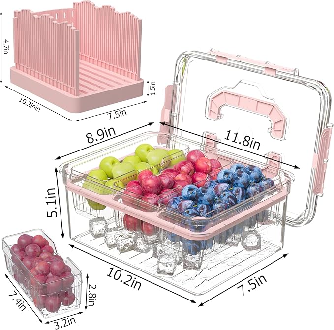 Bread Box with Slicer & Ice Chilled Condiment Caddy, Portable Airtight Bread Storage Container with Lid Handle for Kitchen Counter, Bread Keeper for Homemade Bread,Toast, Bagel, Cookies, Pink