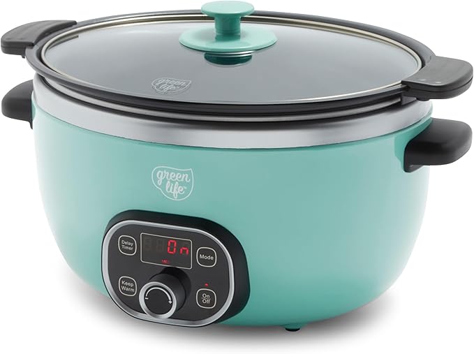 GreenLife 8QT Slow Cooker, Non-Toxic PFAS-Free Ceramic Nonstick Removable Interior Bowl, Programmable, Family Friendly, Keep Warm, Stovetop & Oven Safe, Dishwasher Safe Crock, Glass Lid, Turquoise