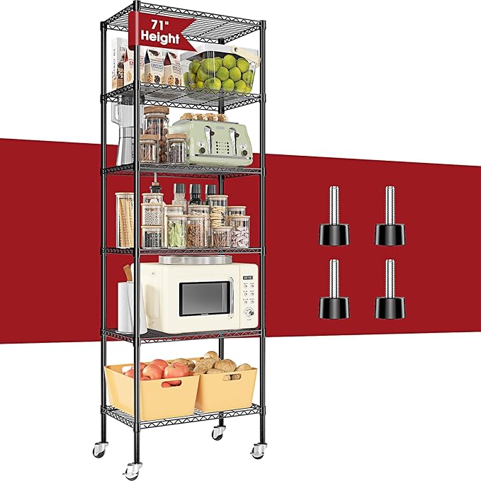 6-Tier Rolling Storage Shelves, 14" D x 24" W x 71" H Adjustable Space-Saving Wire Rack Shelving, 750 lbs Capacity Heavy Duty Metal Shelving with Wheels for Garage, Closet, Kitchen