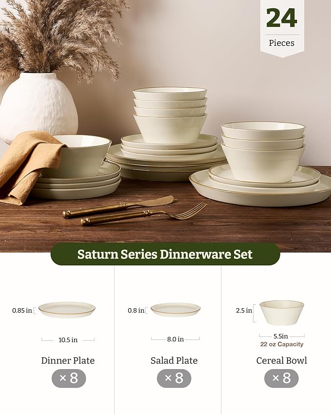 Famiware Saturn Stoneware Dinnerware Sets for 8 (24 Pieces), Ceramic Plates and Bowls Dish Sets with Hand-Painted Trim - Chip & Scratch Resistant, Microwave & Dishwasher Safe Tableware, Vanilla White