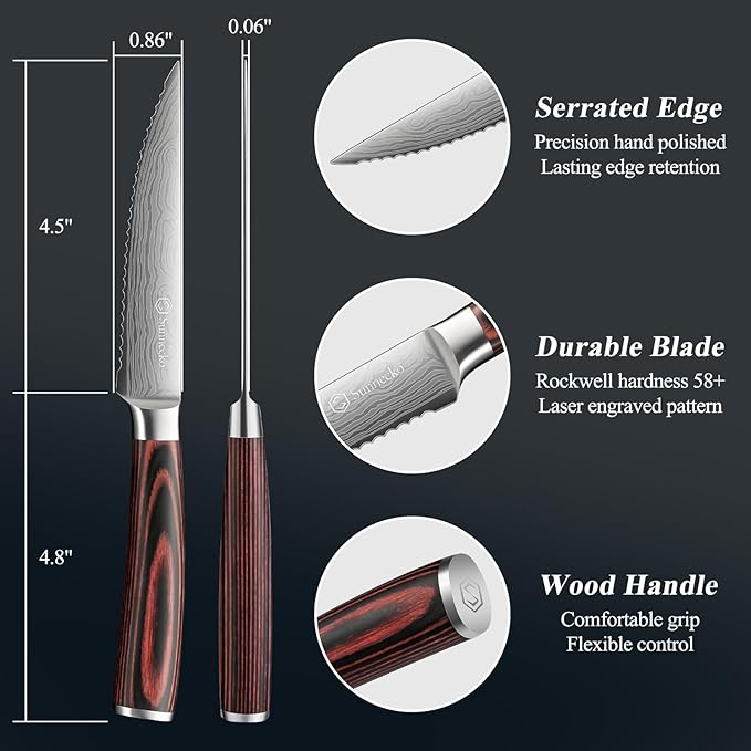 Sunnecko Steak Knives Set of 6,Premium Stainless Steel Serrated Steak Knife Set,Pakkawood Handle 4.5 Inch Kitchen Steak Knife with Gift Box