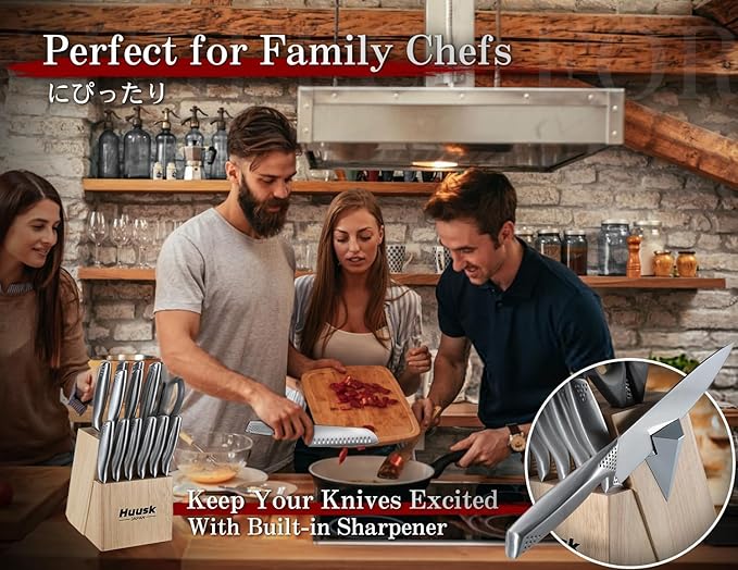 Huusk Knife Set with Block and Sharpener, 14 Pcs Japanese Stainless Steel Kitchen Knife Sets Dishwasher Safe, Sharp Silver Professional Knives Set with Box for Kitchen, Christmas Gifts for Men Women