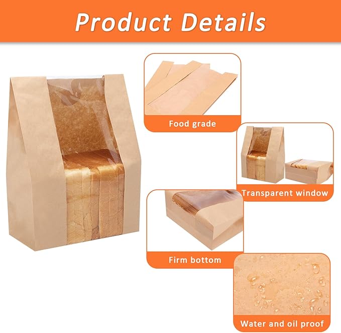 150 Pack Bread Bags for Homemade Bread Sourdough Bread Bags Large Kraft Paper Bakery Bag with Clear Window with Label Seal Stickers for Packaging Baked Food Bread Storage (13.7''x8.2''x3.5'')