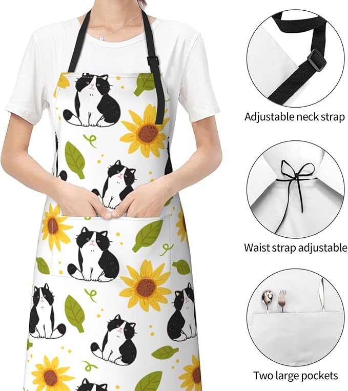 Cat and Dogs Animals Adjustable Bib Neck Chef Aprons, Kitchen Bbq Waterproof Apron with 2 Pockets For Mom Dad