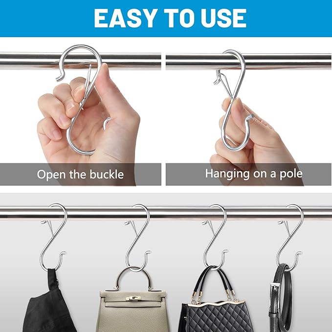 17 Pcs S Hooks for Hanging, Heavy Duty S Shaped Hooks Silver, Kitchen Hooks, S Hanger Hooks for Plants, Pots, Towels and Bags, with Safety Buckle Design, 3.5 Inch