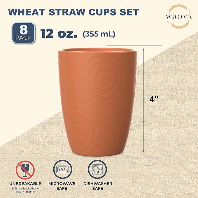 Wrova Wheat Straw Cups 8 PCS Good Alternative to Plastic Reusable Cups 12 oz Unbreakable Drinking Cup Reusable Dishwasher Safe Water Plastic Glasses Colorful