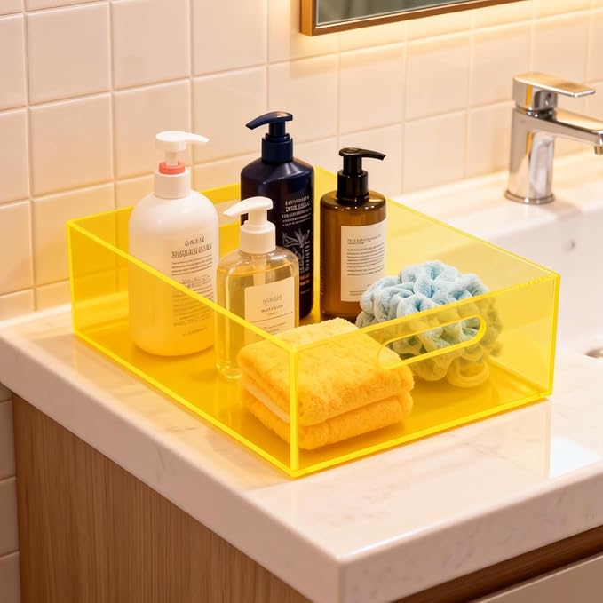 Acrylic Storage Bin Pantry Storage Container with Handles Kitchen Organizer Bin for Cabinet Cupboard Organization, Heavy Duty, 12.6 x 9.4 x 4'', Neon Yellow