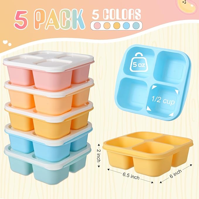 Honeydak 5 Pack Snack Containers 4 Compartment Bento Snack Boxes Reusable Lunchable Containers with Lids Divided Meal Prep Lunch Food Storage Box for School Work Travel(Candy Color,Equal)