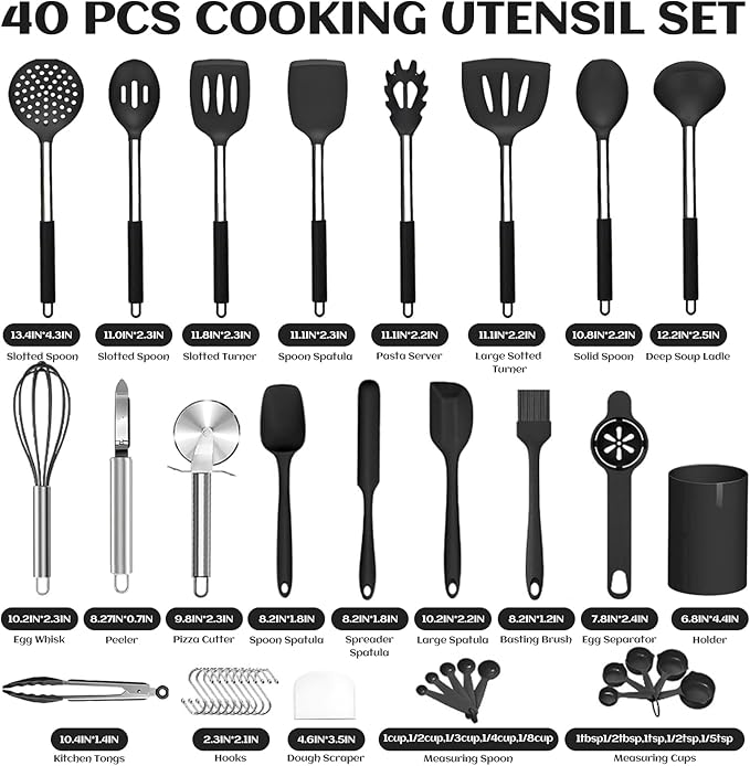 Kitchen Utensils Set Silicone Cooking, 40 Pcs Black Stainless Steel Metal, Spaghetti Spoon Cookware Utensils, Rubber Tools Nonstick Kitchenware Can Withstand Temperatures Up To 446°F, Dishwasher Safe