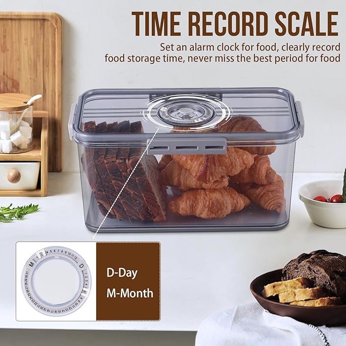 2Pcs Bread Box Bread Boxes for Kitchen Counter Airtight, Double Time Recording Bread Storage Container with Lid, 2 Bread Keeper for Homemade Bread, Toast, Bagel, Donut and Cookies, Grey