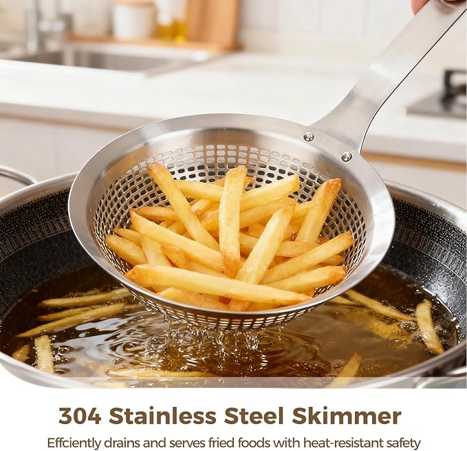2 Pcs 304 Stainless Steel Skimmer Spoon Set, 5.51 in Large Small Hole Ladle, Long Nylon Handle Strainer Colander for Frying, Hot Pot, Noodle, 14.37 x 5.51 x 1.54 in