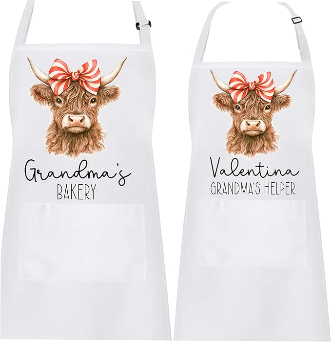 Mommy and Me Highland Cow with Peppermint Swirl Bow Apron Set – Matching Christmas Baking Aprons, Cow Kitchen Gift