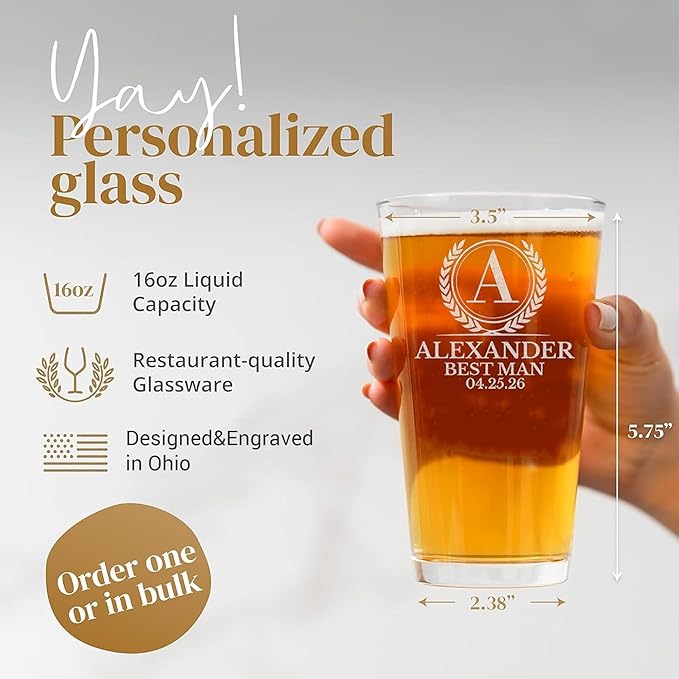 Personalized Groomsmen Beer Pint - 16oz Best Man Beer Glass - Custom Etched Drink Glassware, Engraved Gifts for Wedding Favors, Best Man Proposal Gifts, Bachelor Party