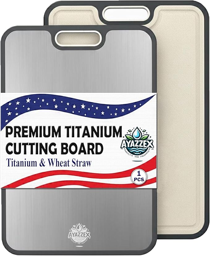 Titanium Cutting Board for Kitchen – Double-Sided Food Grade Cutting Board – 99.9% Titanium & Wheat Straw PP (15”×9”) Large Size & Ultra Durable, Easy to Clean - Includes Sponge & Pad & Hook