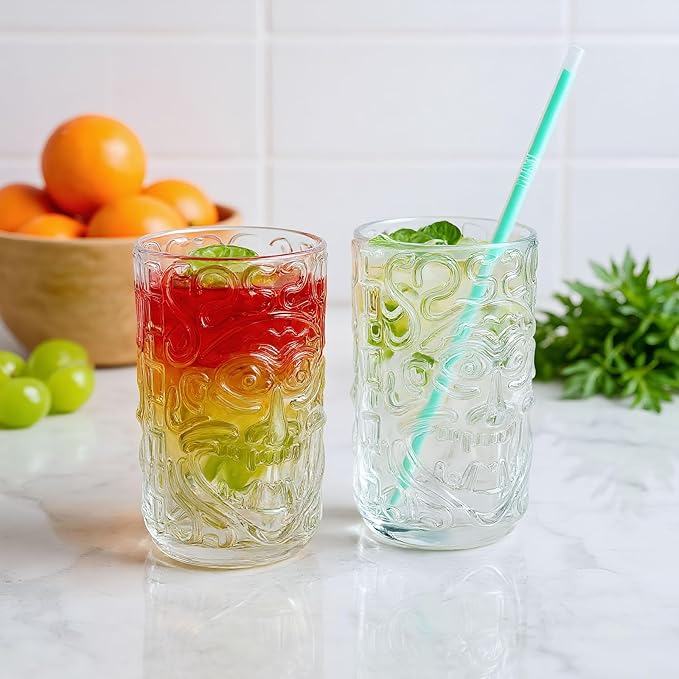 2-Pack 14.5oz Clear Tiki Glasses Cups for Cocktails Glass Drinking Set Crystal Glass Tumbler - for Water, Juice, Beer, Cocktails, Mojito, Wine and Whiskey, Bar Glassware