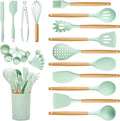 Kitchen Utensils Set with Wooden Handle, 26 Pieces Heat Resistance Silicone Cooking Utensils Set with Holder, Food Grade Non-Stick Silicone Spatula, Kitchen Set for Cooking (Light Green)