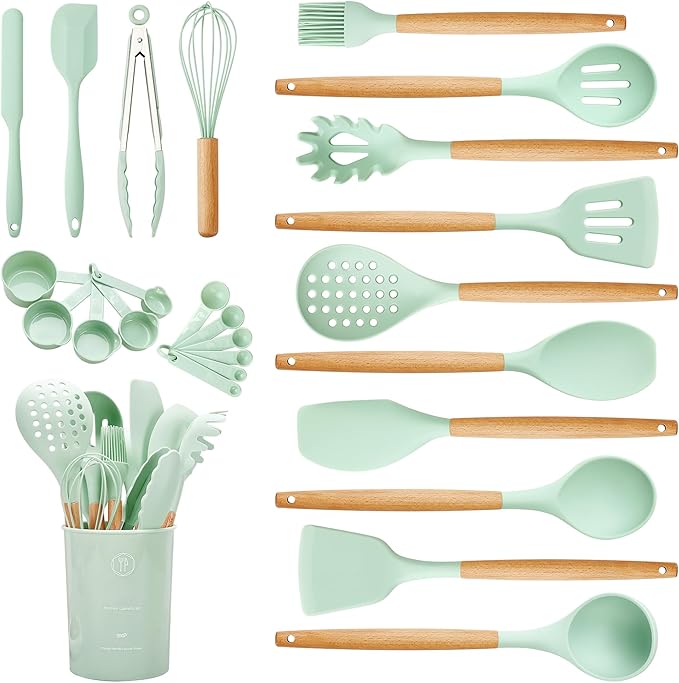 Kitchen Utensils Set with Wooden Handle, 26 Pieces Heat Resistance Silicone Cooking Utensils Set with Holder, Food Grade Non-Stick Silicone Spatula, Kitchen Set for Cooking (Light Green)
