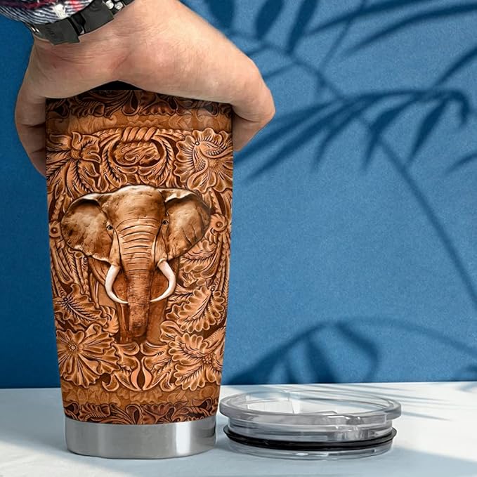 SANDJEST Elephant Tumbler Wood Drawing Style 20oz Tumblers with Lid Gift for Women Girl Daughter Sister Animal Lovers Christmas Birthday