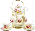 20-Pieces Porcelain Bone china Tea Sets,Gold Rim Coffee Set with Golden Metal Rack,Tea Gift Sets for Home&Party (008)