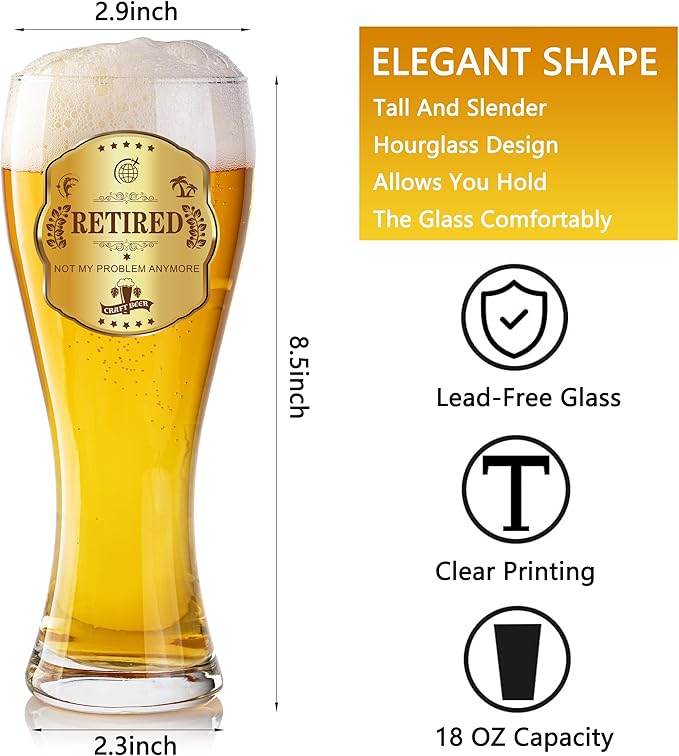 Retirement Beer Glasses Gifts, Personalized Glass Ware Set for Men, Black Gift Package with Drinking Glass, Coaster, and Farewell Card for Retired Man