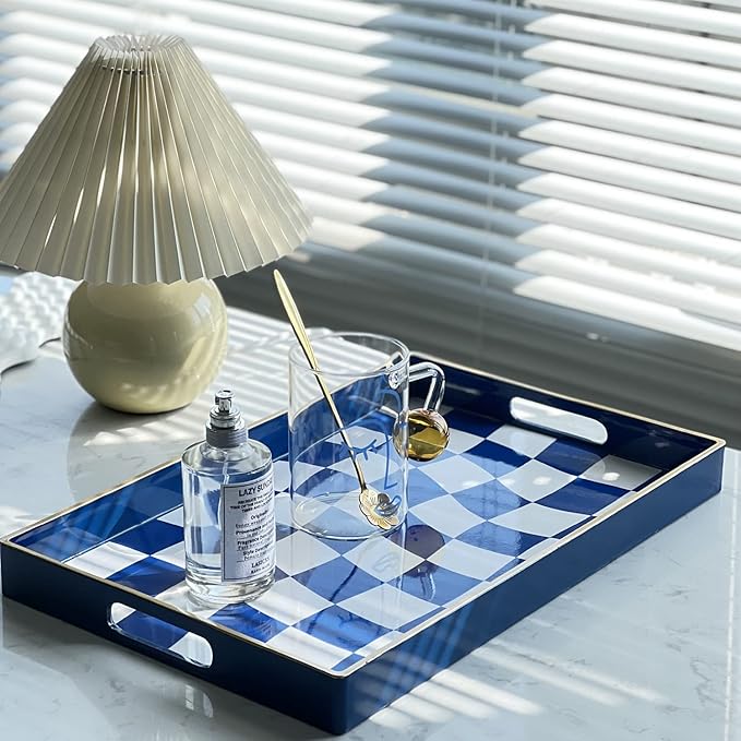 Zosenley Decorative Tray, Marbling Plastic Tray with Handles, Rectangular Vanity Tray and Serving Tray for Bathroom, Kitchen, Ottoman Tray and Coffee Table, 15.6" x 10.2" (Blue and White Checkered)