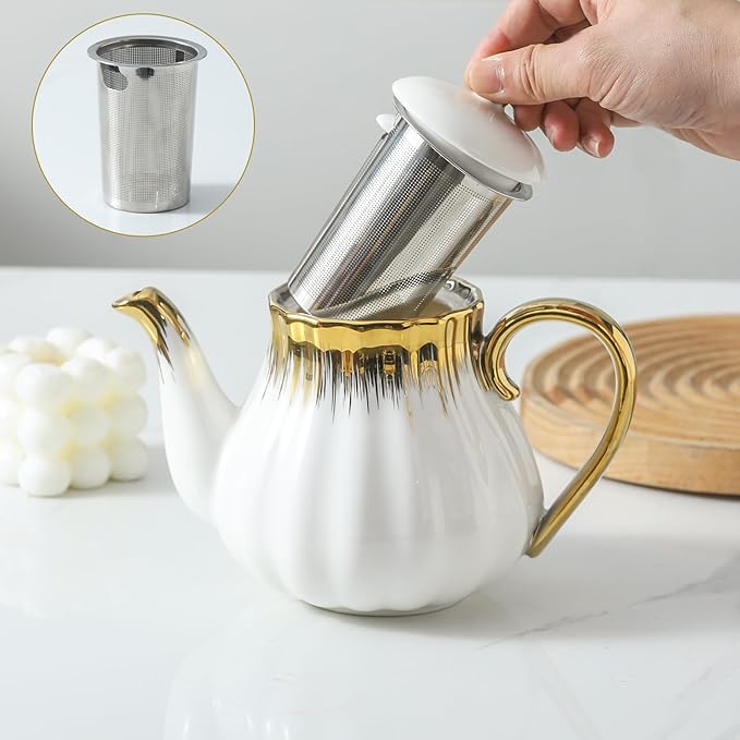Ceramic Teapot, Ceramic Tea Pot with Removable Stainless Steel Infuser White Teapots with Gold Trim, Floral Teapot, Tea Kettles for loose leaf tea and tea bags, Coffee(30oz)