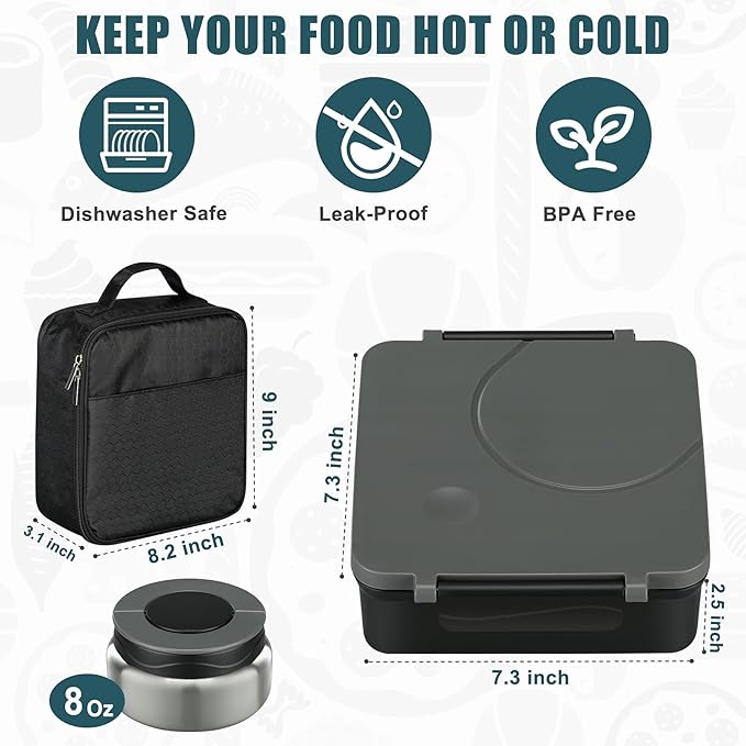 Itslife Bento Lunch Box for Kids with 8oz Soup Thermo&Lunch Bag, Leak-Proof Lunch Food Containers with 4 Compartment, Hot Food Insulated Food Jar for Kids School (Black)
