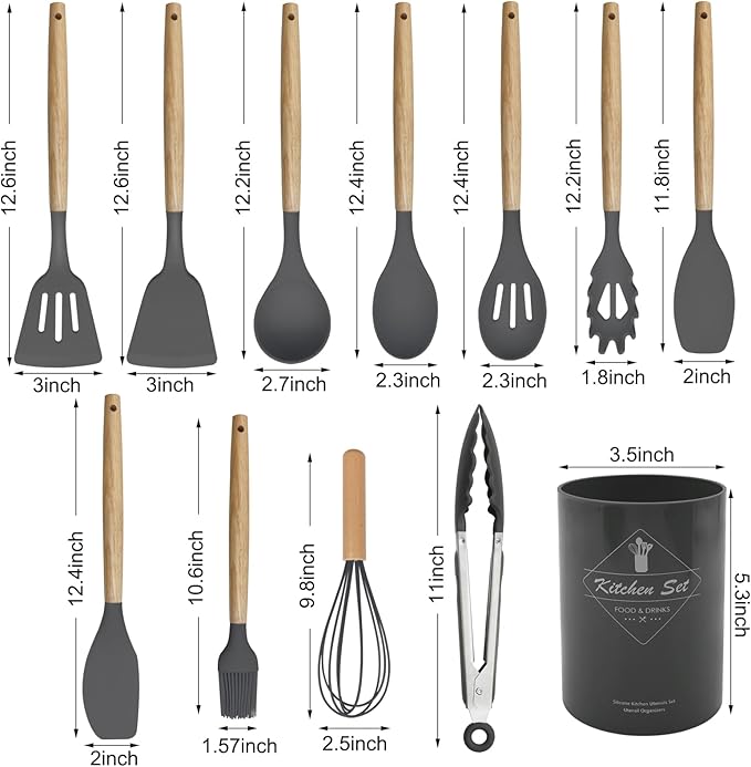 Kitchen Utensils Set of 12, Silicone Cooking Utensils with Non-Slip Wooden Handle and Organizer Bucket, 446°F Heat Resistant Cookware Utensils Set (Dark Grey)