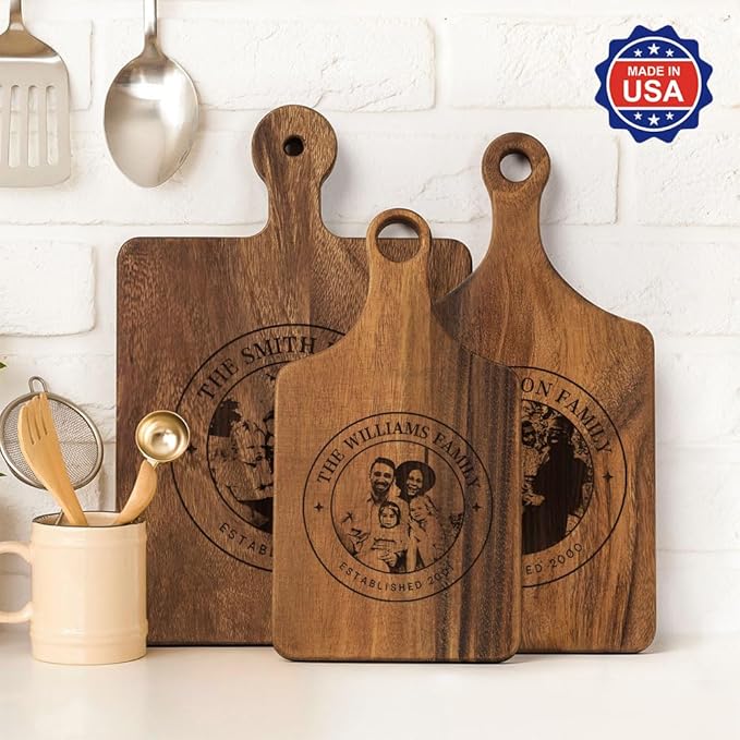 callie Personalized Cutting Board with Photo & Text & Date, Wooden Cutting Board Cheese Serving Tray with Handle, Housewarming Gifts (S, M, L)