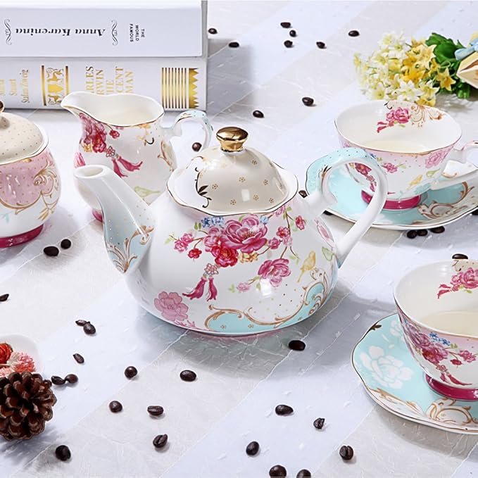 Tea Pot Bone China Floral Design Vintage Teapot Loose Tea Women and Tea lovers 850 ml about 4 Cups Gift Box