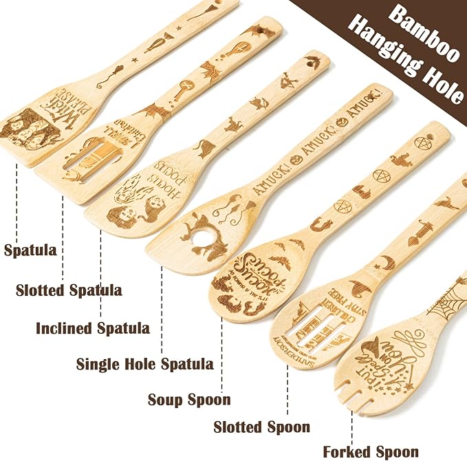 Eartim Halloween Wooden Cooking Utensil Set - 7Pcs Hocus Pocus Kitchen Cooking Gadget Natural Carve Bamboo Spoon Slotted Spatula Non-Stick Cookware Utensil Birthday Housewarming Gift Halloween Supply