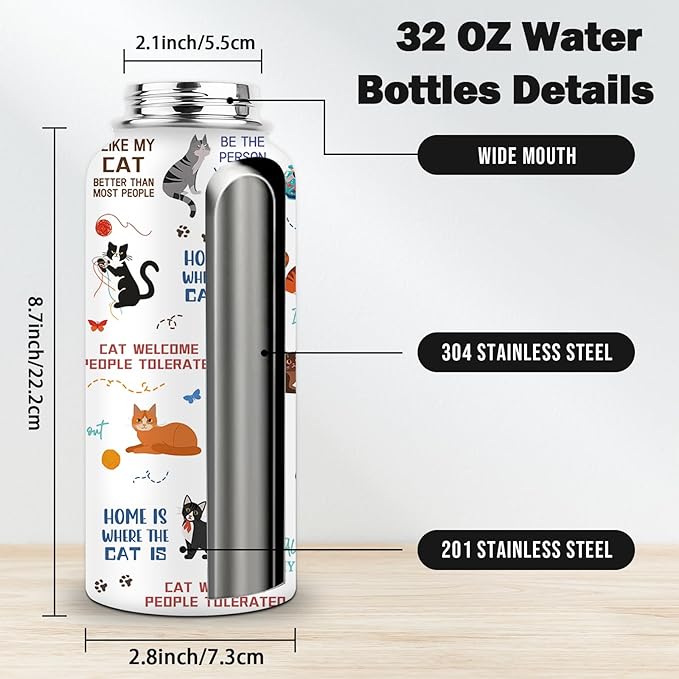 Cats Gifts for Women, 32 oz Insulated Water Bottle, Stainless Steel Sports Travel Bottles, Cute Cat Water Bottles Gifts for Cat Lovers (1pcs)
